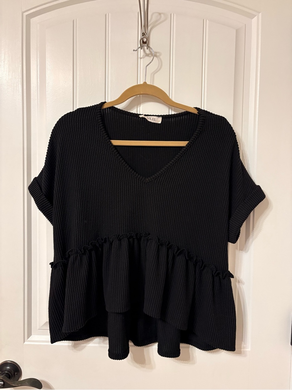 Jolie Black Ribbed V-Neck Ruffle-Hem Tunic